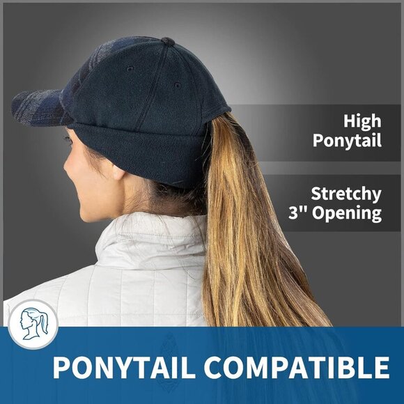 〽️Women’s Blue Plaid Winter Ponytail Trucker Hat with Drop-Down Ear Warmers main image 3